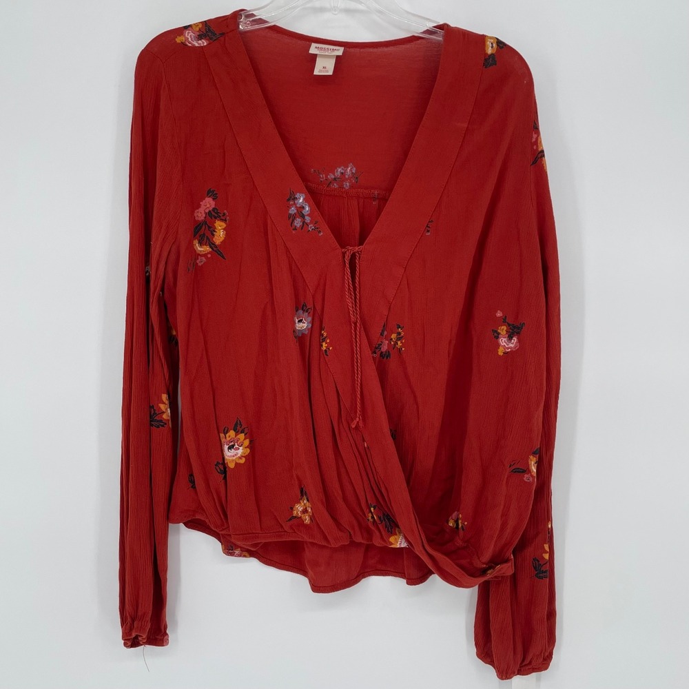 Mossimo Supply Co Womens XL Rust Red Floral Long Sleeve Wrap Blouse Top